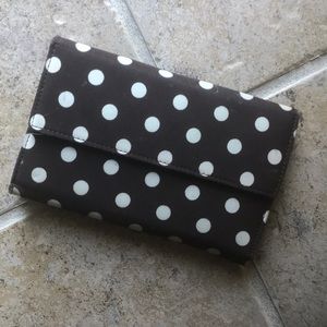 Brown/cream polka dot wallet 4”x6” w/lots pockets